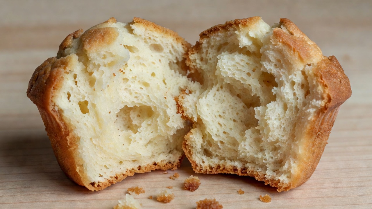 Cooled muffin torn open to reveal its pale interior crumb