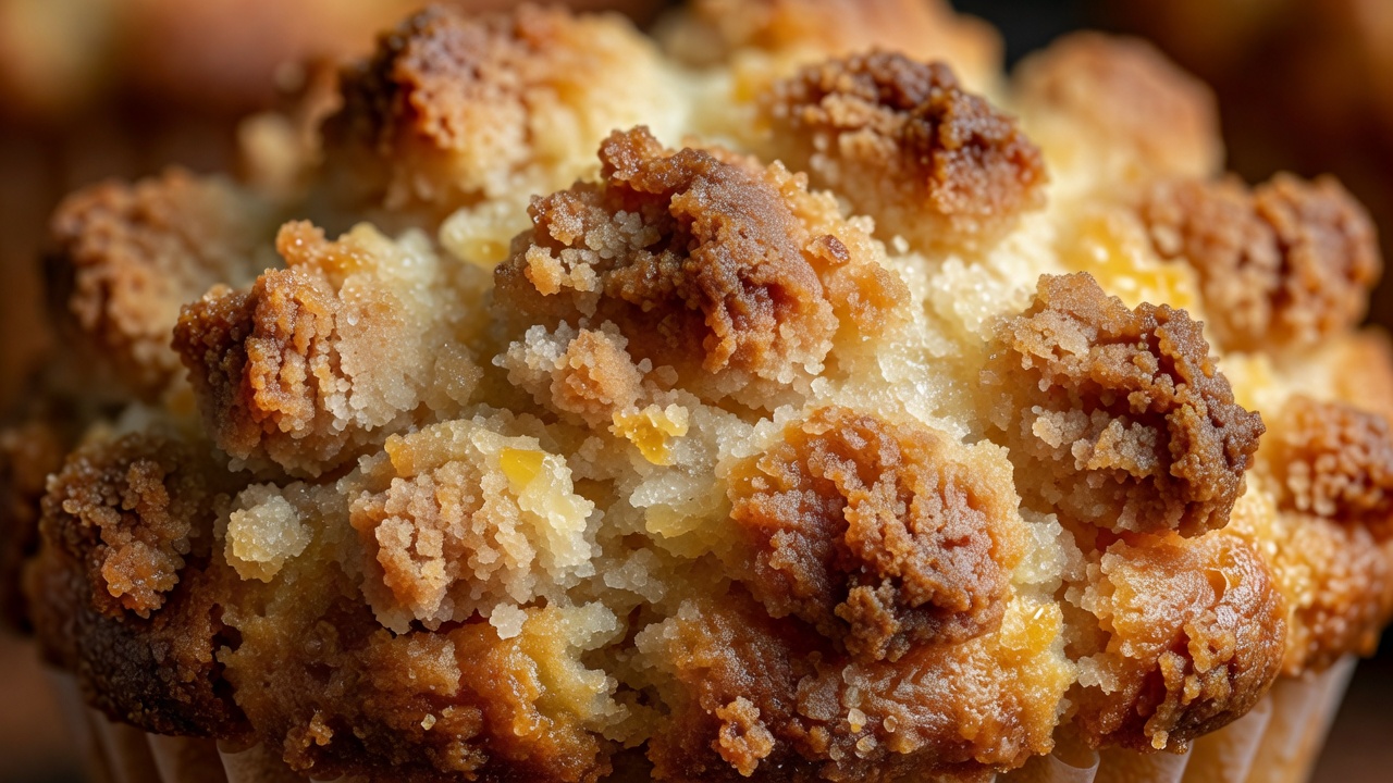 Macro view of a muffin covered with coarse baked crumble