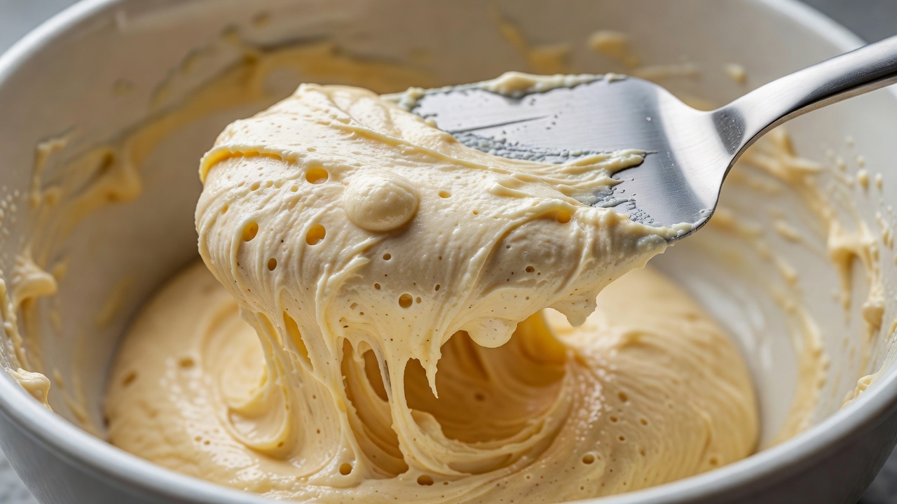 Thick muffin batter resting on a spatula above a mixing bowl